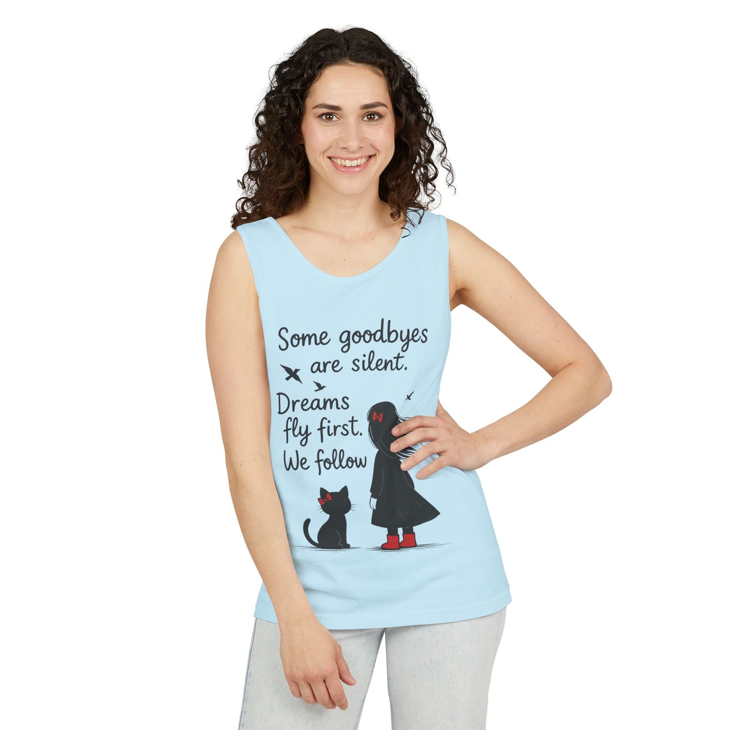 Minimalist Tank Top, Womens Tank, Girl & Cat Art Print, Emotional Lightweight Summer Shirt,  Inspirational Apparel, Cat Lover Gift