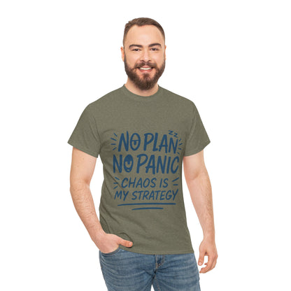 Funny Chaos Quote Mens T-Shirt, No Plan No Panic Humor Shirt, Casual Graphic Tee Gift for Him, Relaxed Fit