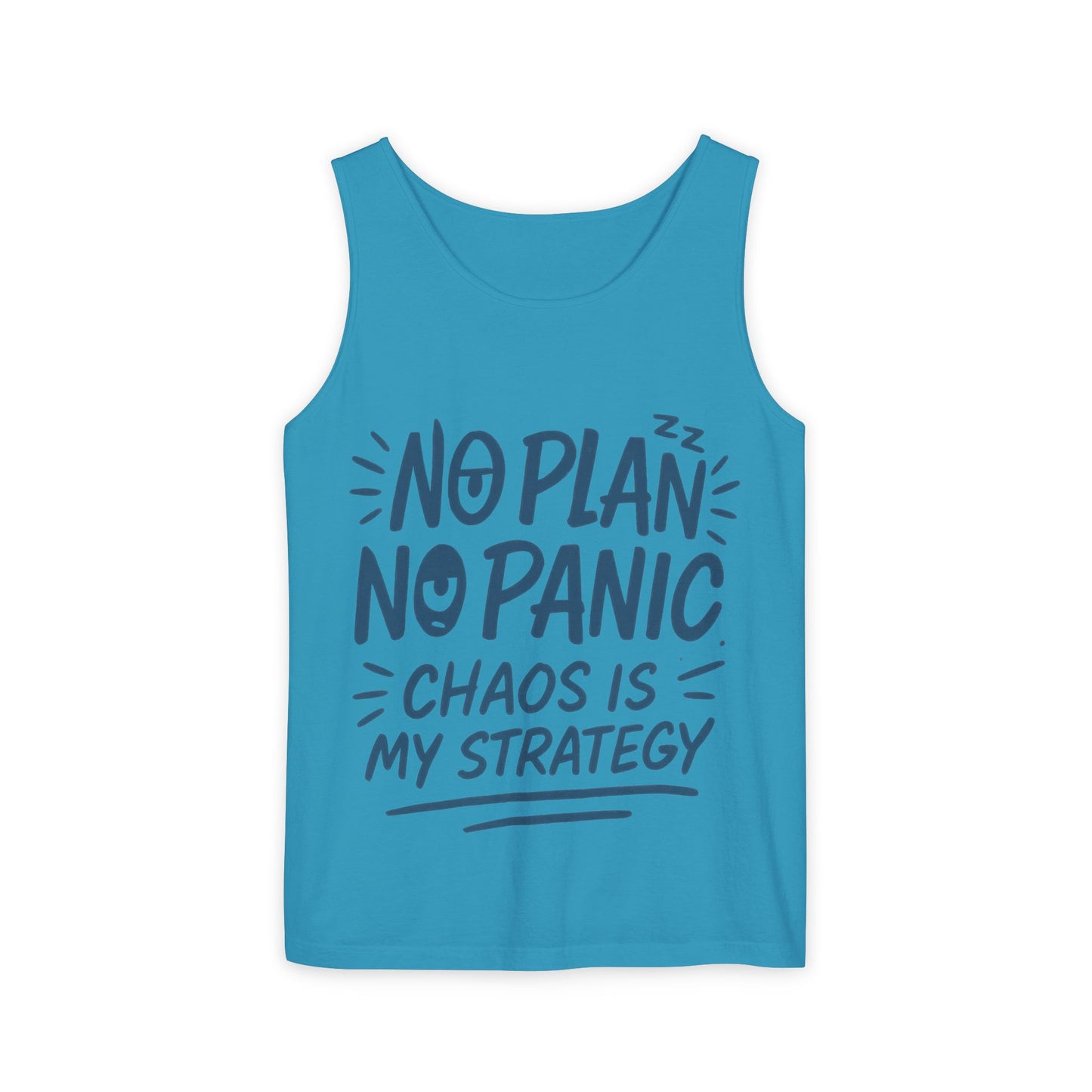 Funny Chaos Quote Mens Tank Top, No Plan No Panic Humor Shirt, Casual Graphic Tee Gift for Him, Relaxed Fit, Workout Gym Humor Shirt