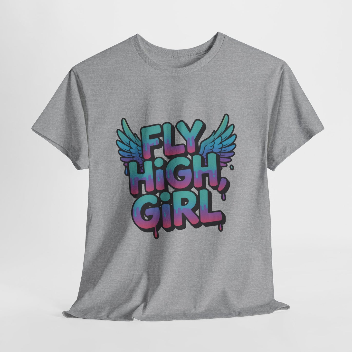 Womens Graphic Tee Fly High Girl, Angel Wings Graffiti Drip T-Shirt, Bold Streetwear Top