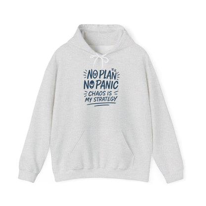 Funny Chaos Strategy Mens Hoodie, No Plan No Panic Quote Hoodie, Cozy Relaxed Fit Pullover, Humorous Gift for Him, Unisex Pullover