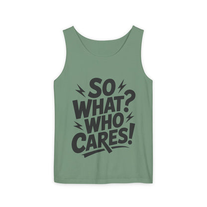 Mens Tank Top, "So What? Who Cares!", Casual Summer Wear, Beach Trip, Festival Outfit, Lightning Print, Sarcastic Summer Tee, Gym Tank