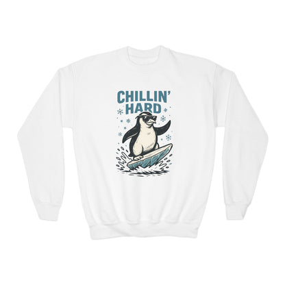 Youth Crewneck Sweatshirt, Kids Chillin Hard Penguin Sweatshirt, Funny Cool Animal Pullover for Children