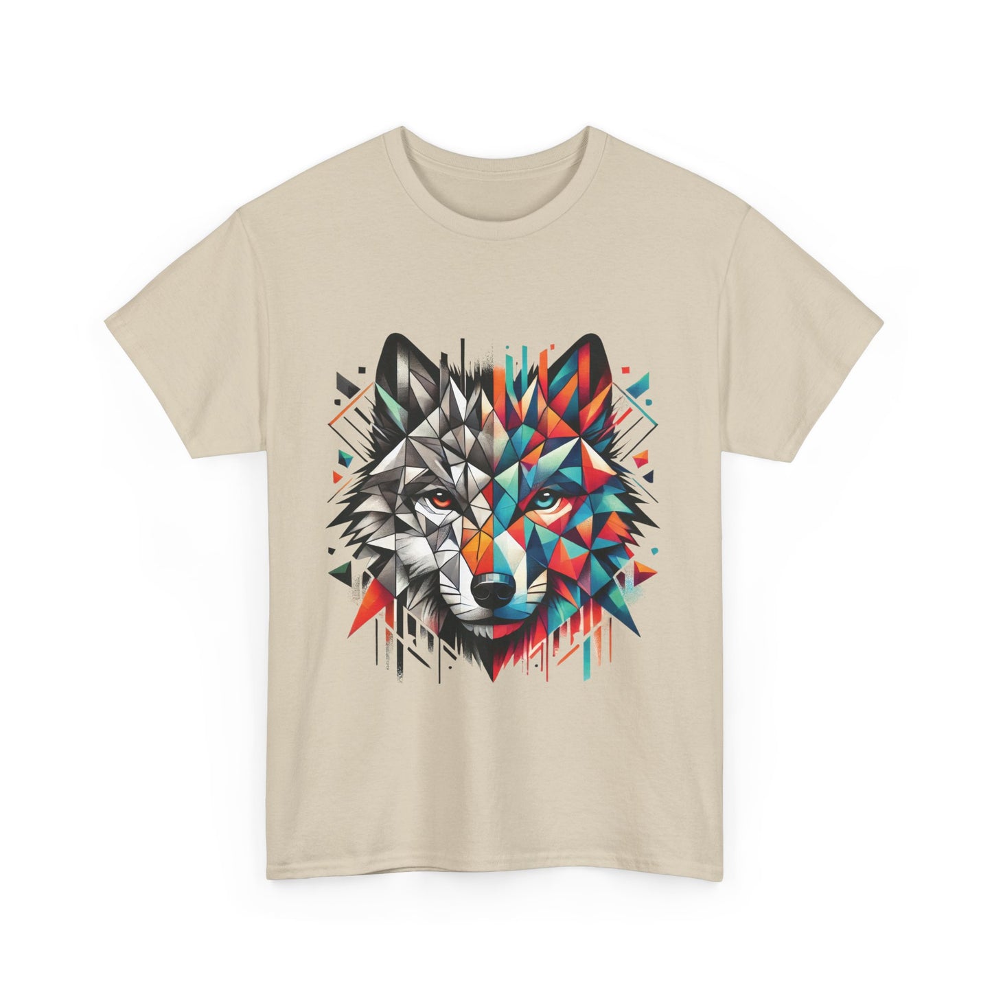 Geometric Wolf Tee, Heavy Cotton T-Shirt, Wildlife Lover Apparel, Unique Nature Wear, Artistic Wolf Design Tee