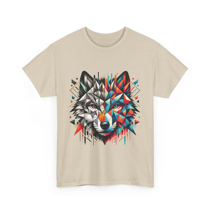 Geometric Wolf Tee, Heavy Cotton T-Shirt, Wildlife Lover Apparel, Unique Nature Wear, Artistic Wolf Design Tee