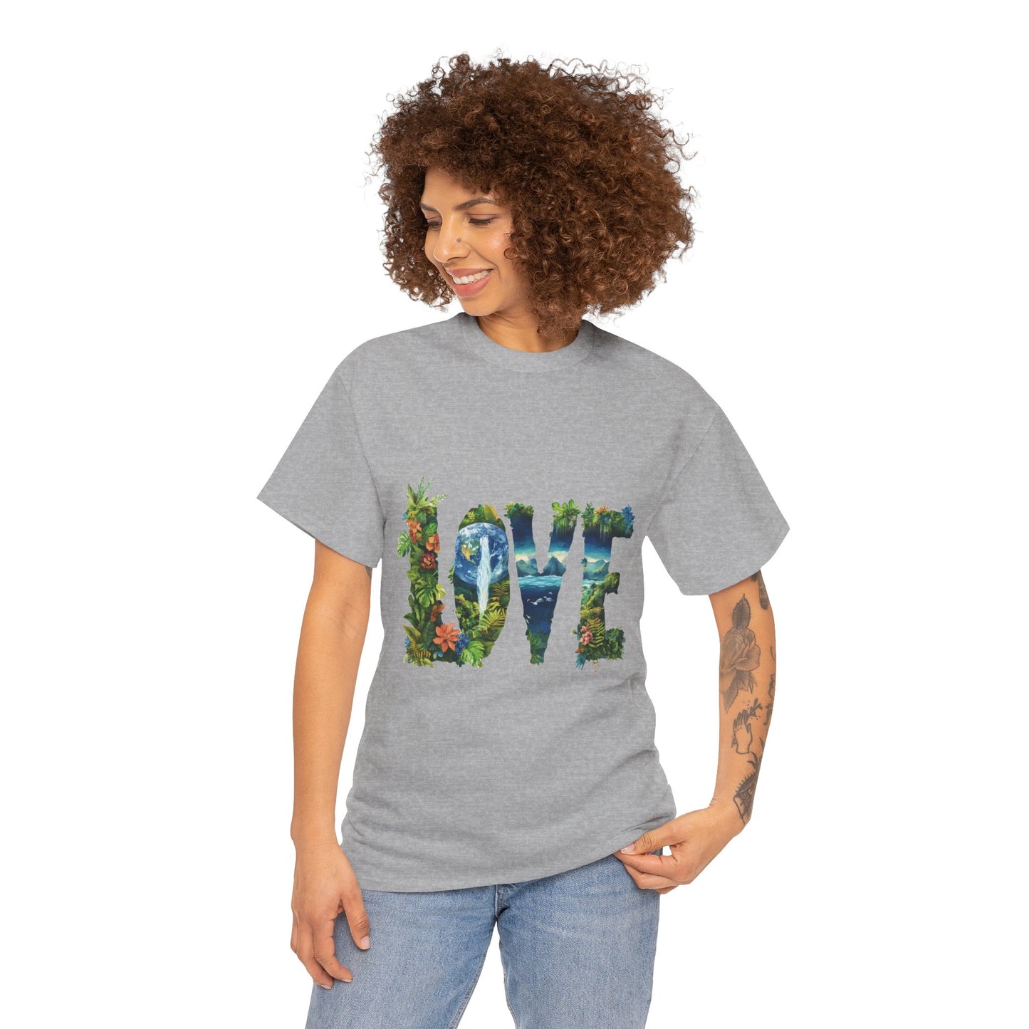 LOVE Nature Art Womens Heavy Cotton Tee, Earth Day Jungle Forest Graphic T-Shirt, Eco Friendly Gift Shirt, Nature-Inspired Love Tee
