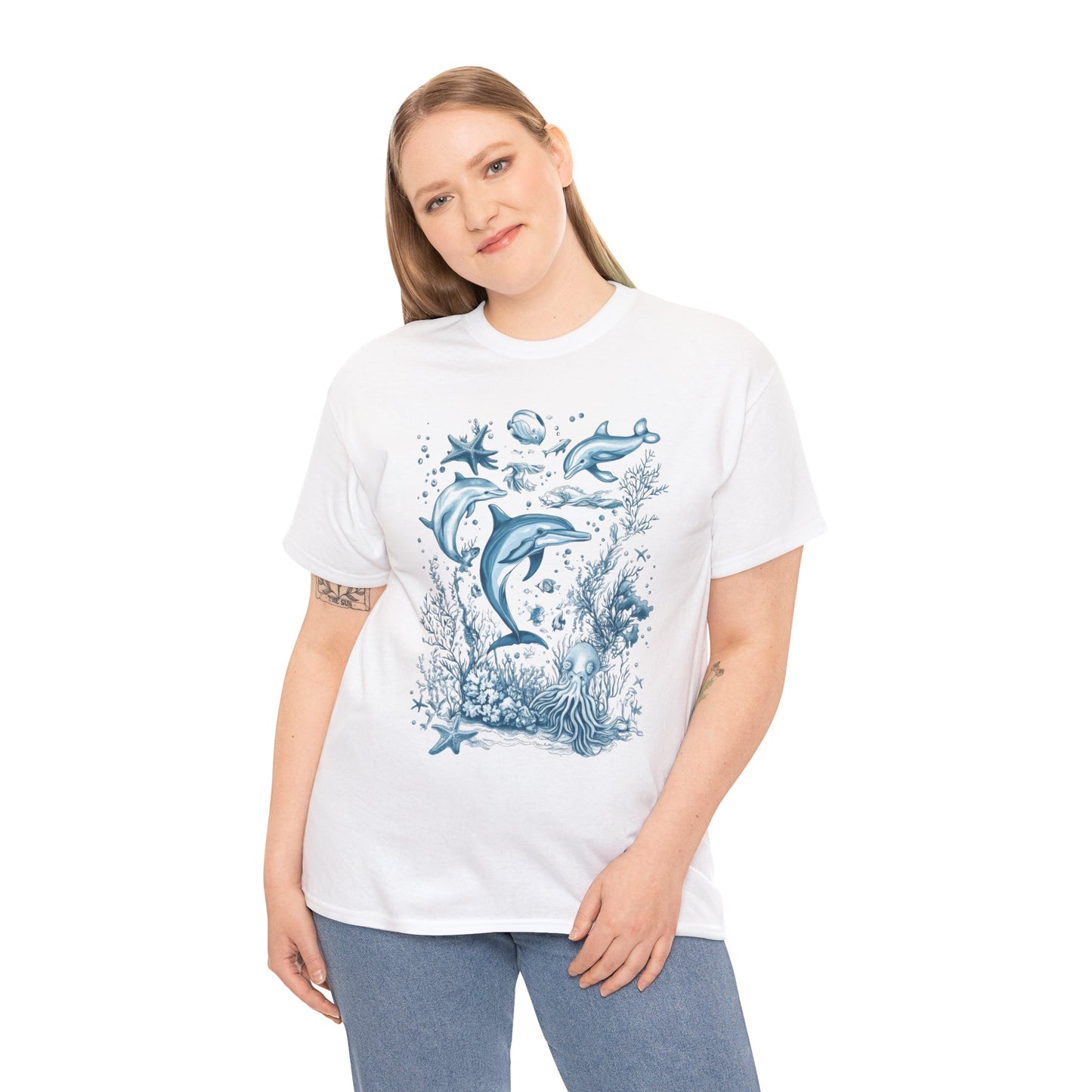 Ocean Life Dolphin T-Shirt, Women's Cotton Tee with Underwater Sea Creatures, Marine Nature Gift Shirt, Perfect for Beach Lovers