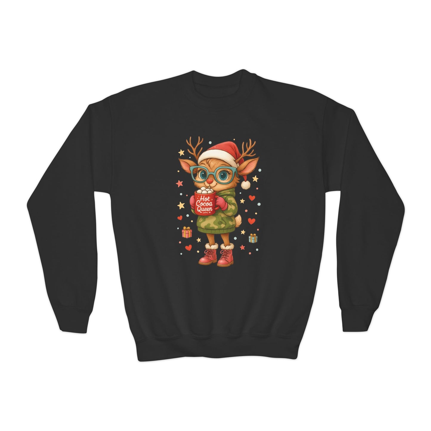 Hot Cocoa Queen Christmas Sweatshirt for Girls, Cute Holiday Reindeer Jumper