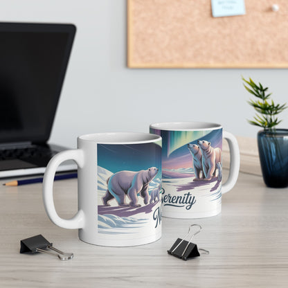 Northern Serenity Polar Bear Mug, Arctic Aurora Coffee Cup, Winter Wildlife Gift, Cute Animal Nature Lover Mug, Holiday Present