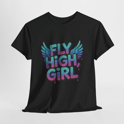 Womens Graphic Tee Fly High Girl, Angel Wings Graffiti Drip T-Shirt, Bold Streetwear Top