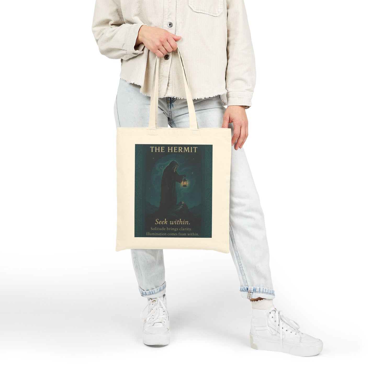 The Hermit Tarot Art Print, Mystical Solitude Illustration, Spiritual Art with Lantern, Seek Within Inspirational Bag, Spiritual Gifts