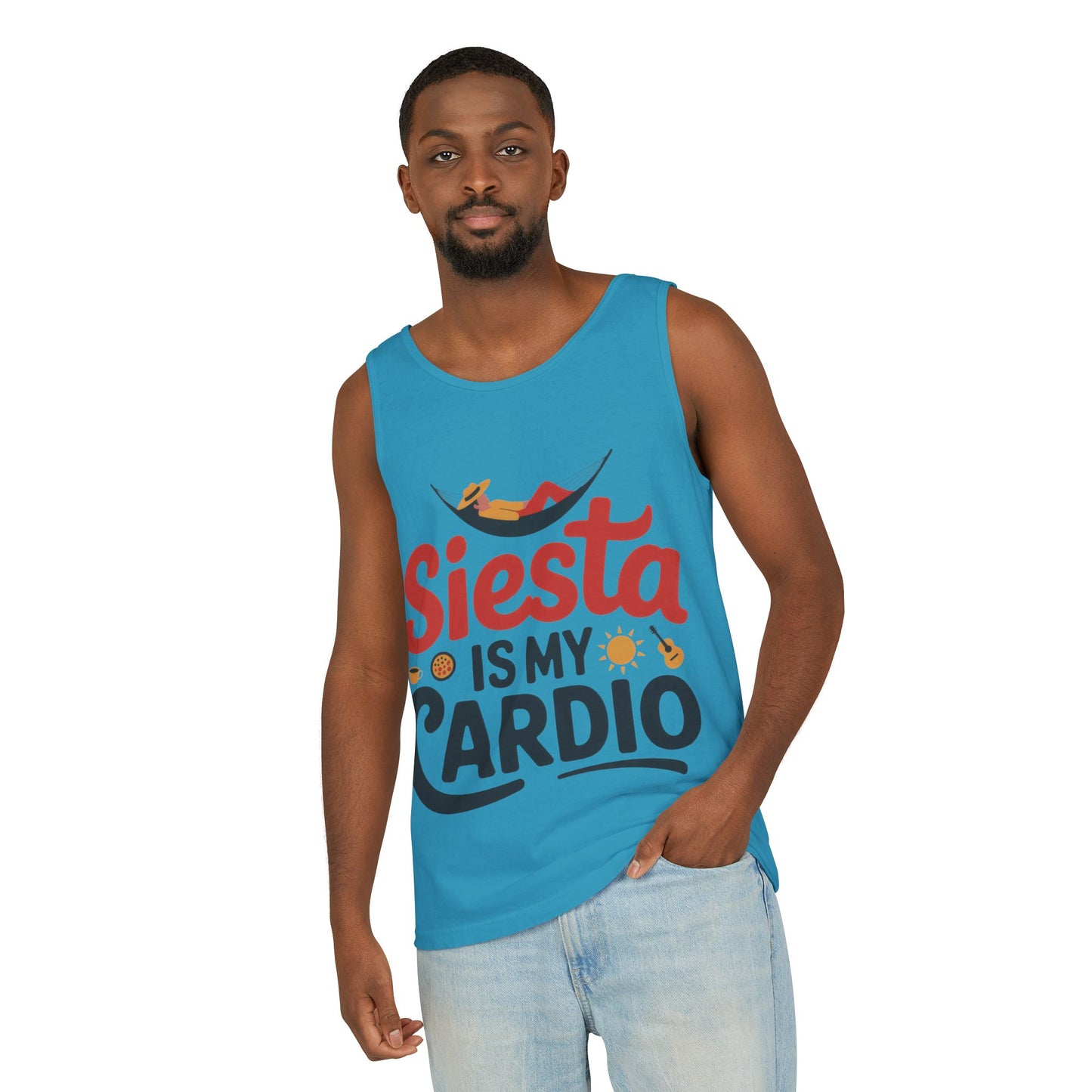 Mens Garment-Dyed Tank Top, Siesta Is My Cardio Funny Mens Tank Top Spain Humor