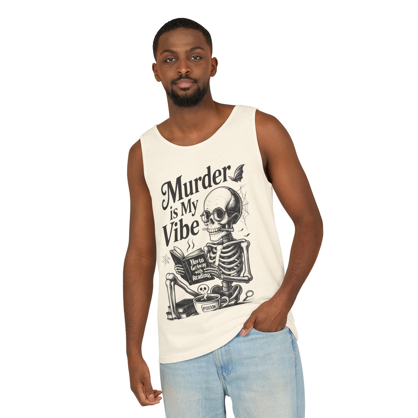 Murder Is My Vibe Tank Top, Mens Goth Tank, Halloween Clothing, Skeleton Graphic Tee, Cozy Casual Wear, Quirky Gift Idea