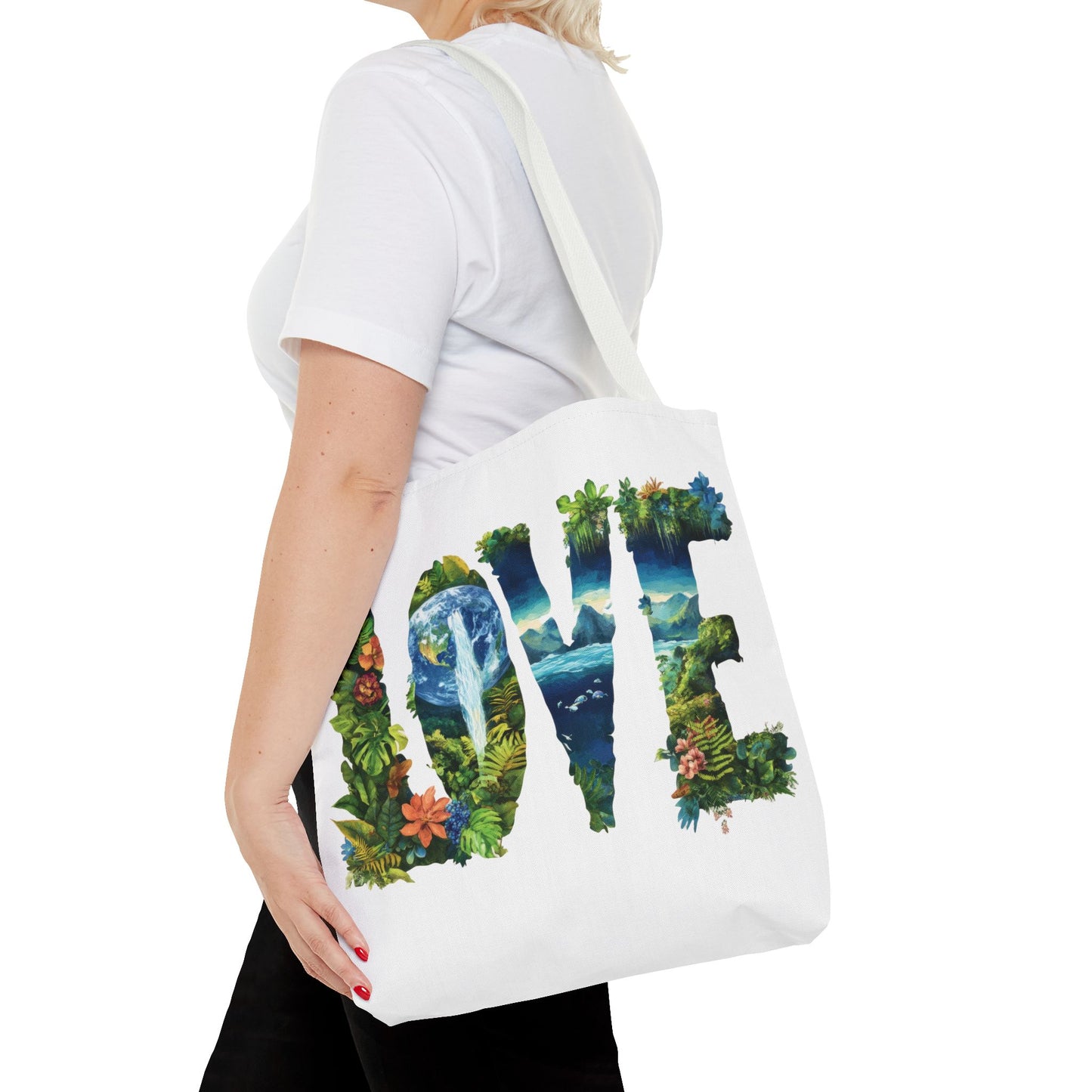 Earth Day LOVE Tote Bag, Eco Friendly Nature Art Bag, Sustainable Planet Message, Floral Tote, Shopping Bag, Beach Bag, Large Canvas Bag