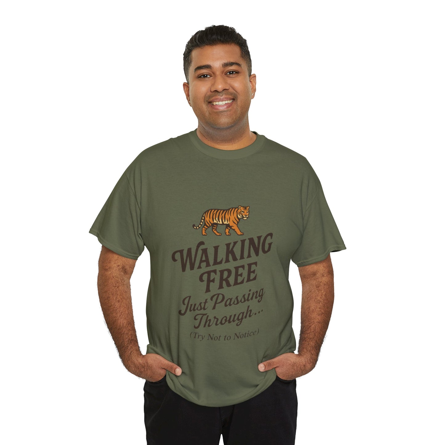 Walking Free Tiger Shirt for Men - Just Passing Through Funny Graphic Tee - Wild Animal Casual Top, Gift Nature Lovers