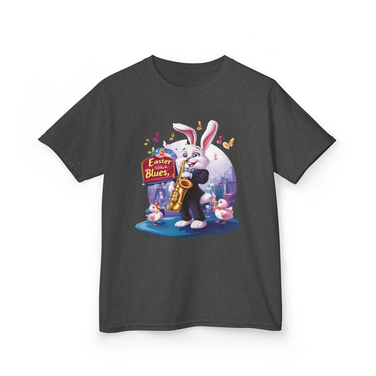 Easter Blues Bunny Kids T-Shirt - Cute Jazz Music Themed Tee for Boys and Girls, Fun Spring Gift, Bunny Playing Saxophone Design