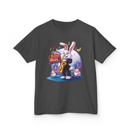 Easter Blues Bunny Kids T-Shirt - Cute Jazz Music Themed Tee for Boys and Girls, Fun Spring Gift, Bunny Playing Saxophone Design