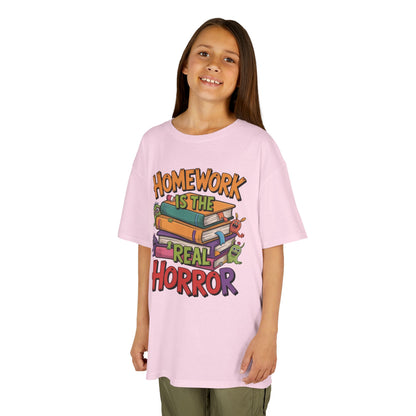 Kids Funny Homework Tee, Cute Monster School Shirt, Homework Is the Real Horror, Back to School Gift for Boys & Girls, Kids Halloween Tee