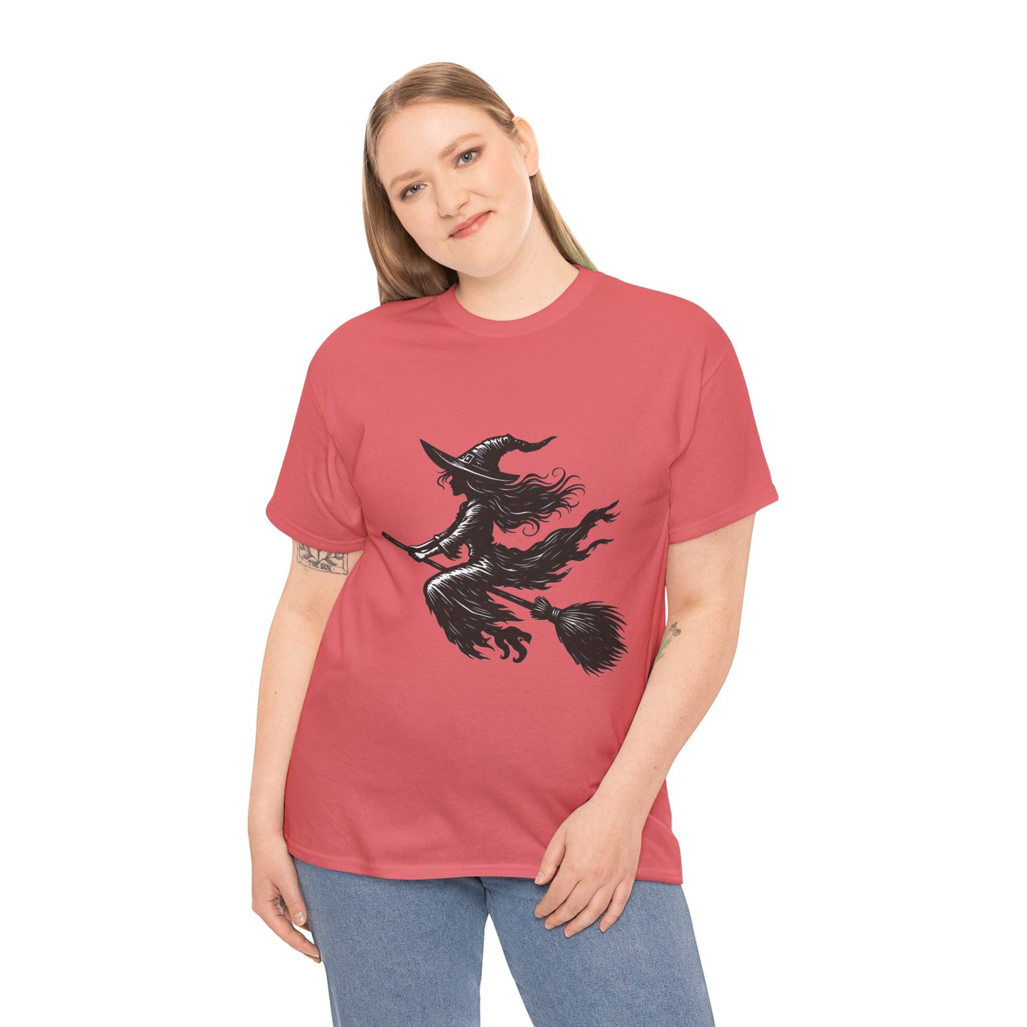 Flying Witch Silhouette Halloween T-Shirt for Women, Vintage Witch on Broom Tee, Spooky Gothic Fall Shirt, Minimal Black Witch Top