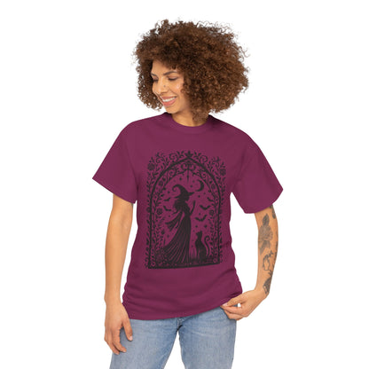 Gothic Witch & Cat Women's T-Shirt, Elegant Halloween Moon Silhouette Witchy Graphic Tee