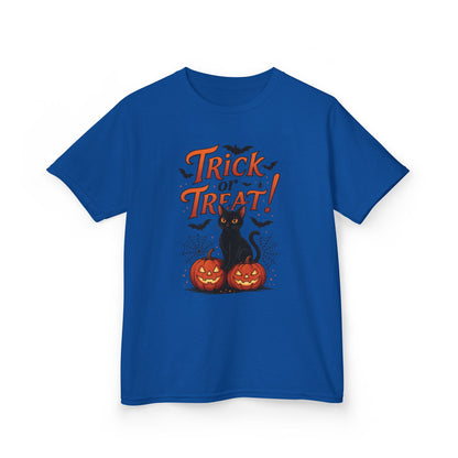 Cute Trick or Treat Black Cat T-Shirt for Girls Boys, Fun Spooky Halloween Tee, Pumpkin Cat Shirt for Kids, Fall Party Outfit