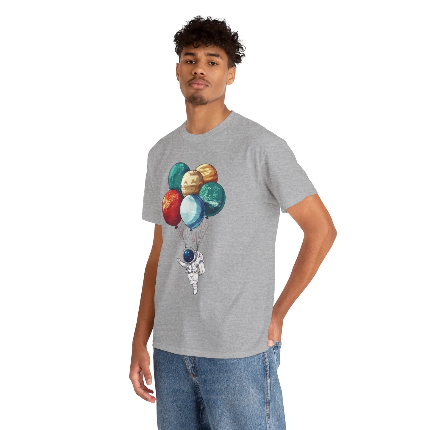 Astronaut with Planet Balloons T-Shirt, Space Lover Unisex Tee, Outer Space Graphic Shirt, Space Theme Shirt, Cosmic Adventure Top