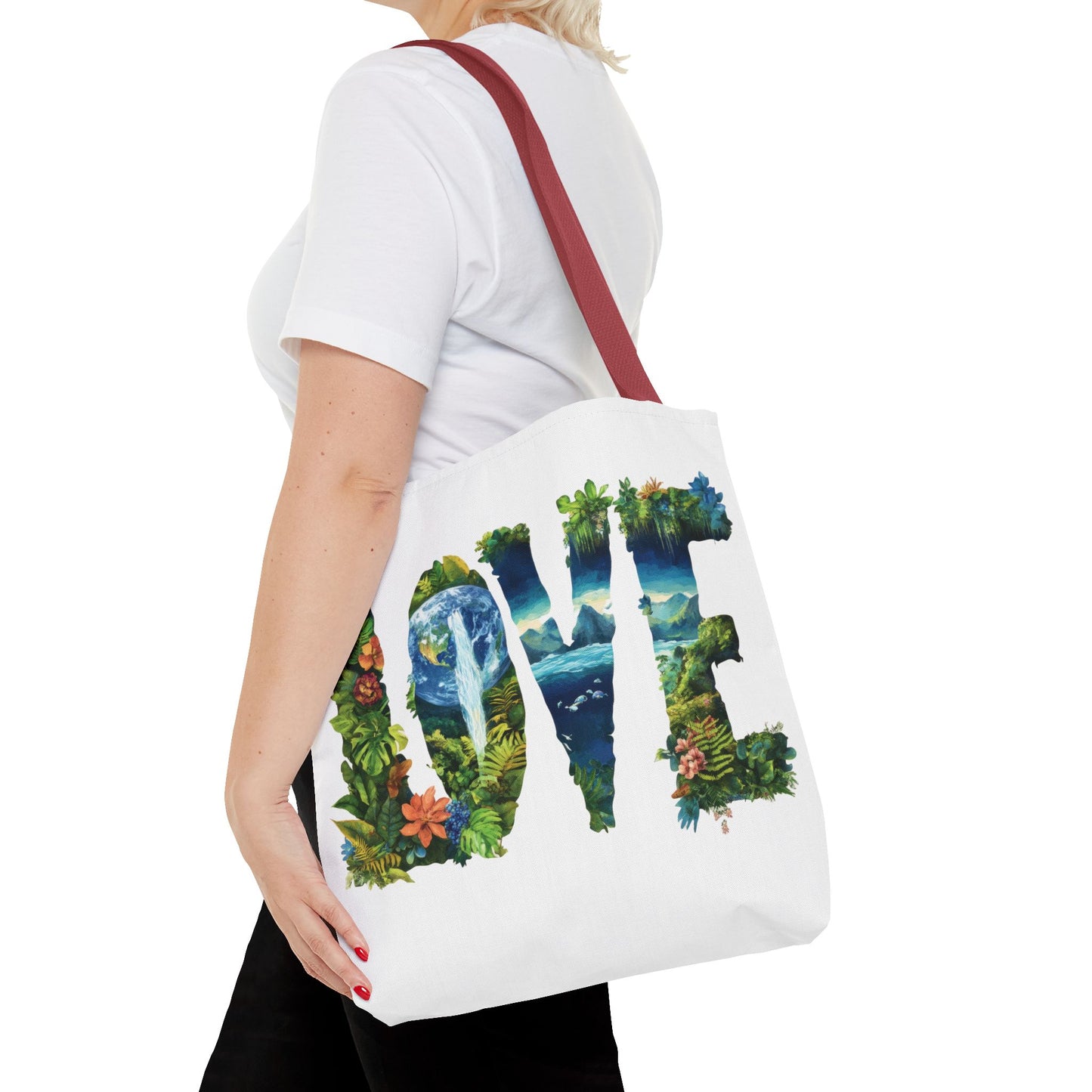 Earth Day LOVE Tote Bag, Eco Friendly Nature Art Bag, Sustainable Planet Message, Floral Tote, Shopping Bag, Beach Bag, Large Canvas Bag