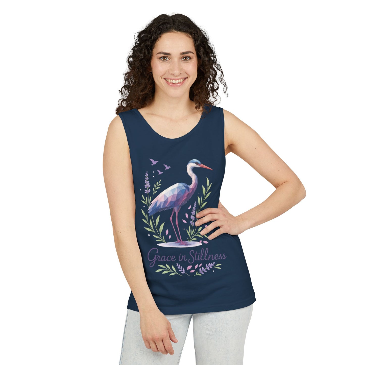 Polygonal Heron Graphic Tank, Womens Artistic Bird Summer Top, Geometric Crane, Bird Lovers Gift, Yoga Shirt, Fitness Apparel, Casual Wear