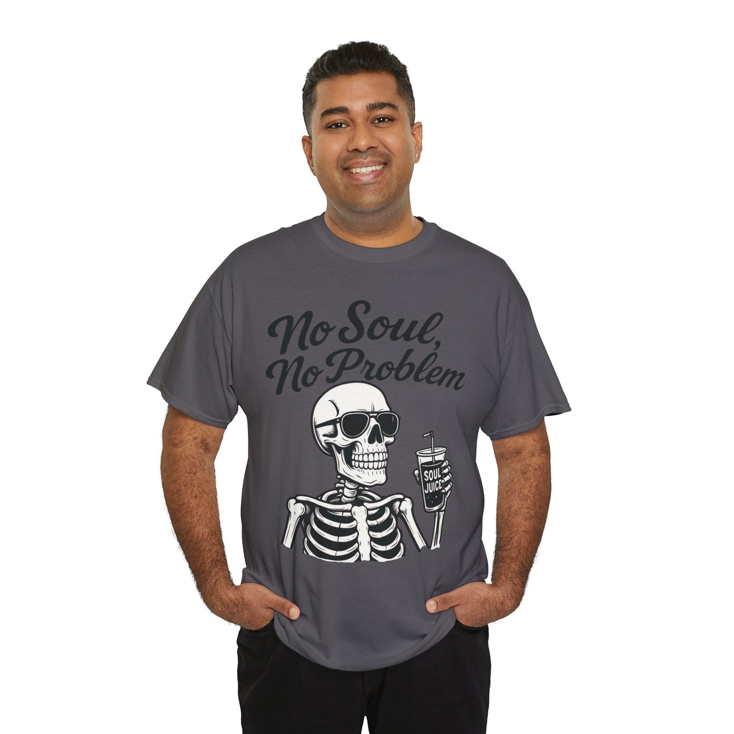 No Soul No Problem Skeleton T-Shirt for Men, Funny Gothic Skull Tee, Cool Spooky Halloween Shirt, Dark Humor Skeleton Graphic Top