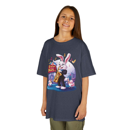 Easter Blues Bunny Kids T-Shirt - Cute Jazz Music Themed Tee for Boys and Girls, Fun Spring Gift, Bunny Playing Saxophone Design