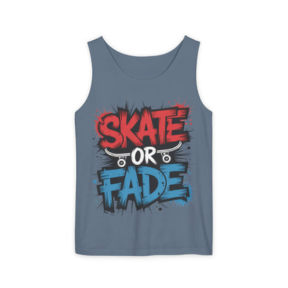 Skate Or Fade Men's Tank Top, Graffiti Skateboard Graphic Muscle Shirt, Urban Streetwear Sleeveless Top, Men's Garment-Dyed Tank Top