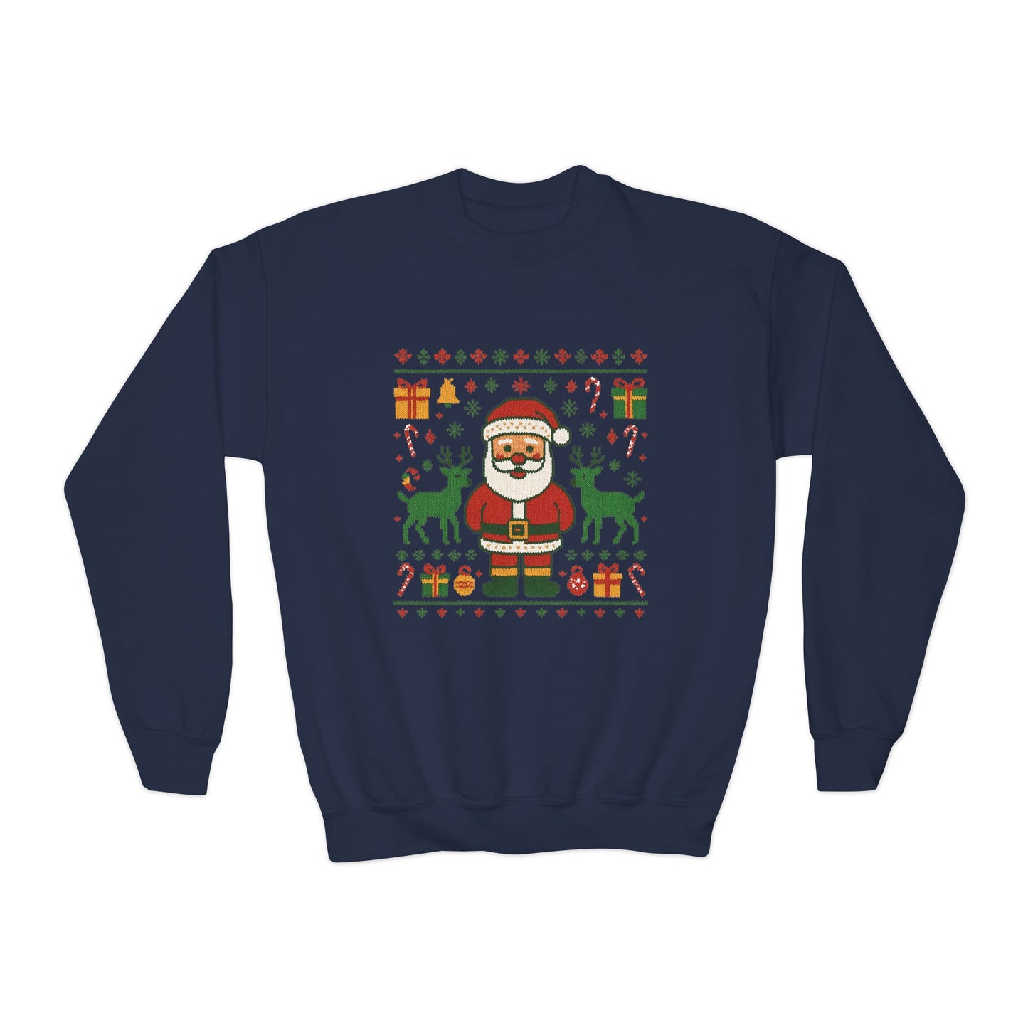 Kids Santa Christmas Shirt, Cute Knit Pattern Holiday  Sweatshirt, Youth Crewneck Sweatshirt