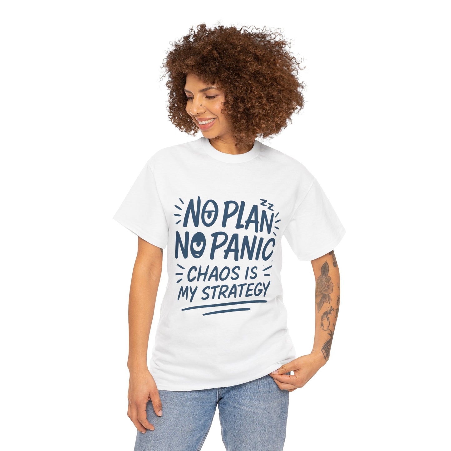 Funny Chaos Strategy T-Shirt, No Plan No Panic Quote Shirt, Cute Tee for Women, Humorous Gift Idea, Casual Relaxed Fit Top