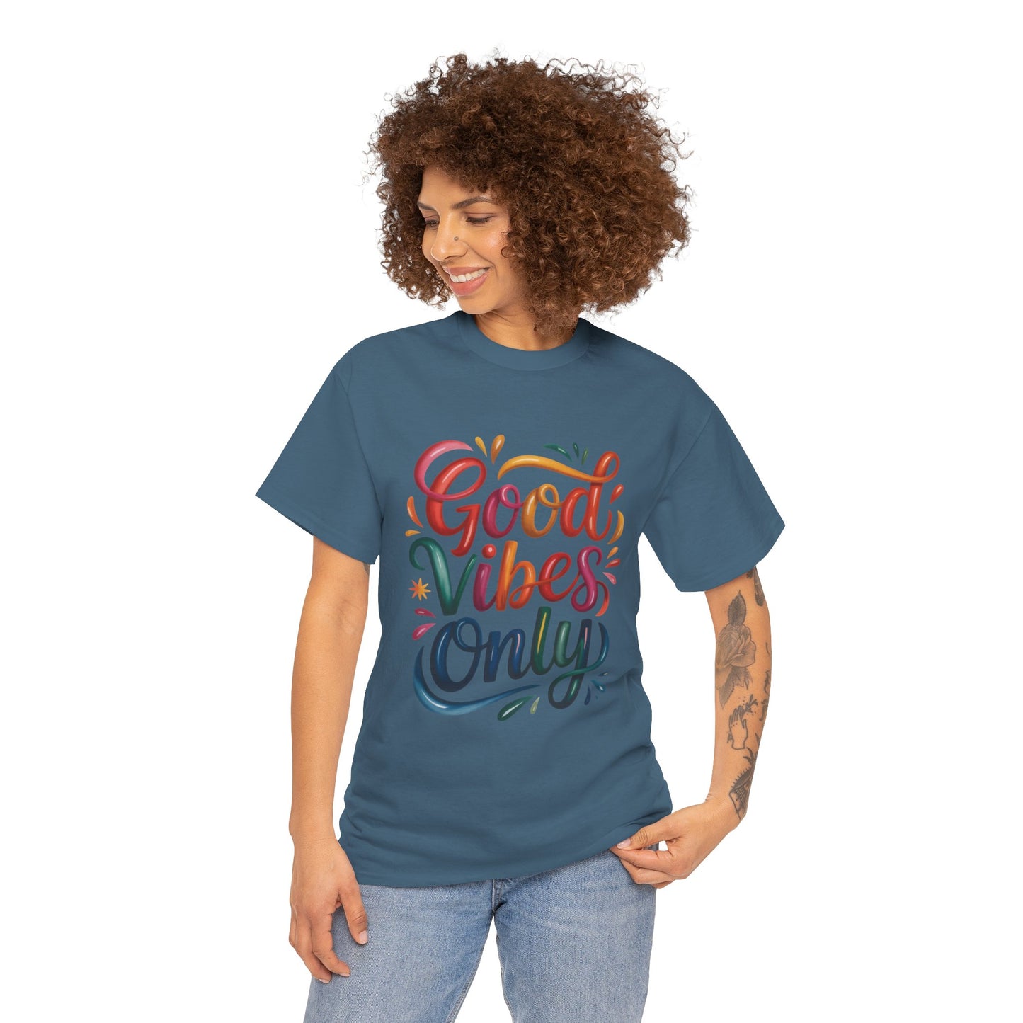 Good Vibes Only Womens Heavy Cotton Tee, Casual Wear, Gift for Friends, Relaxed Fit, Summer Style, Positive Affirmation Shirt
