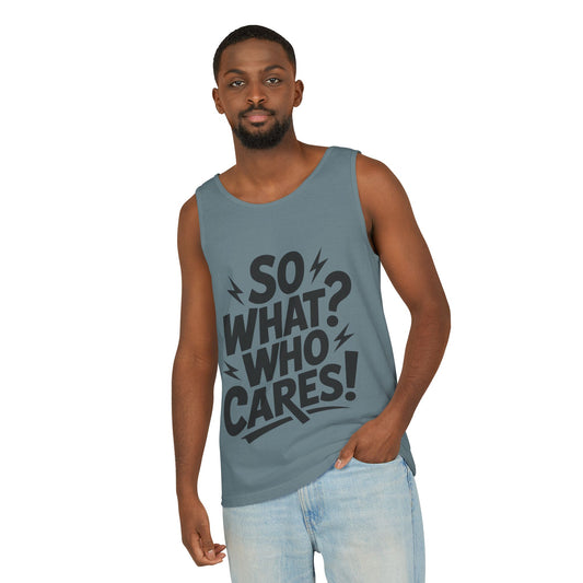 Mens Tank Top, "So What? Who Cares!", Casual Summer Wear, Beach Trip, Festival Outfit, Lightning Print, Sarcastic Summer Tee, Gym Tank