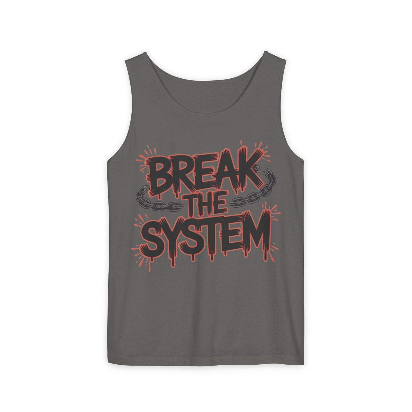 Men's Garment-Dyed Tank Top, Break the System Tank Top, Graphic Protest Muscle Tee, Streetwear Activist Summer Top