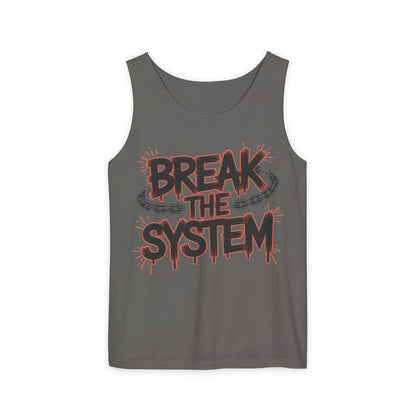 Men's Garment-Dyed Tank Top, Break the System Tank Top, Graphic Protest Muscle Tee, Streetwear Activist Summer Top
