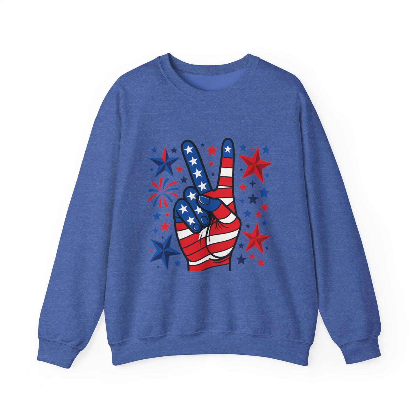 Patriotic Peace Crewneck Sweatshirt - Unisex Heavy Blend, 4th of July Clothing, Peace Sign Design, Casual Wear, Gift for Him/Her