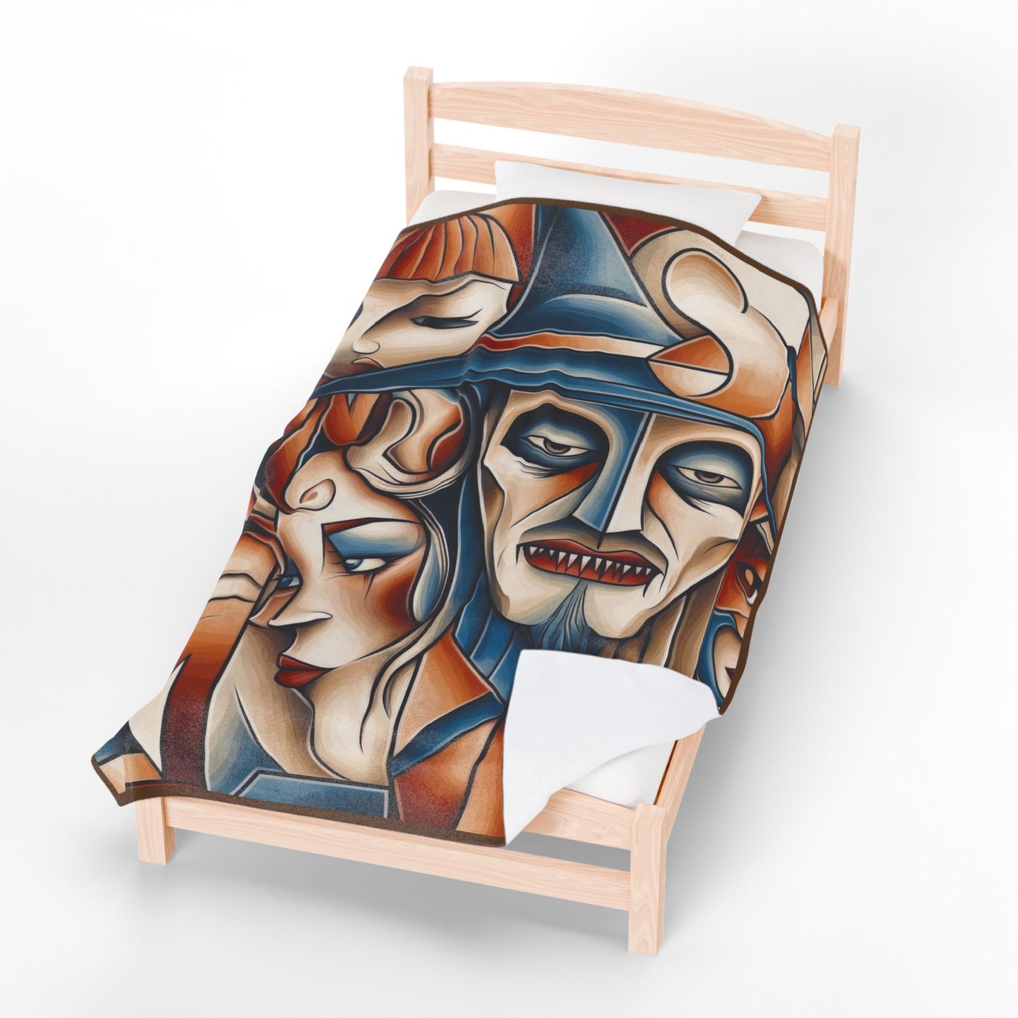 Abstract Gothic Faces Velveteen Plush Blanket, Cubist Witch and Vampire Art Throw Blanket, Modern Halloween Home Decor, Unique Artistic Gift