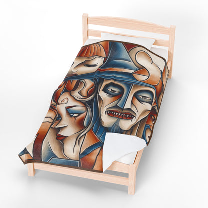 Abstract Gothic Faces Velveteen Plush Blanket, Cubist Witch and Vampire Art Throw Blanket, Modern Halloween Home Decor, Unique Artistic Gift