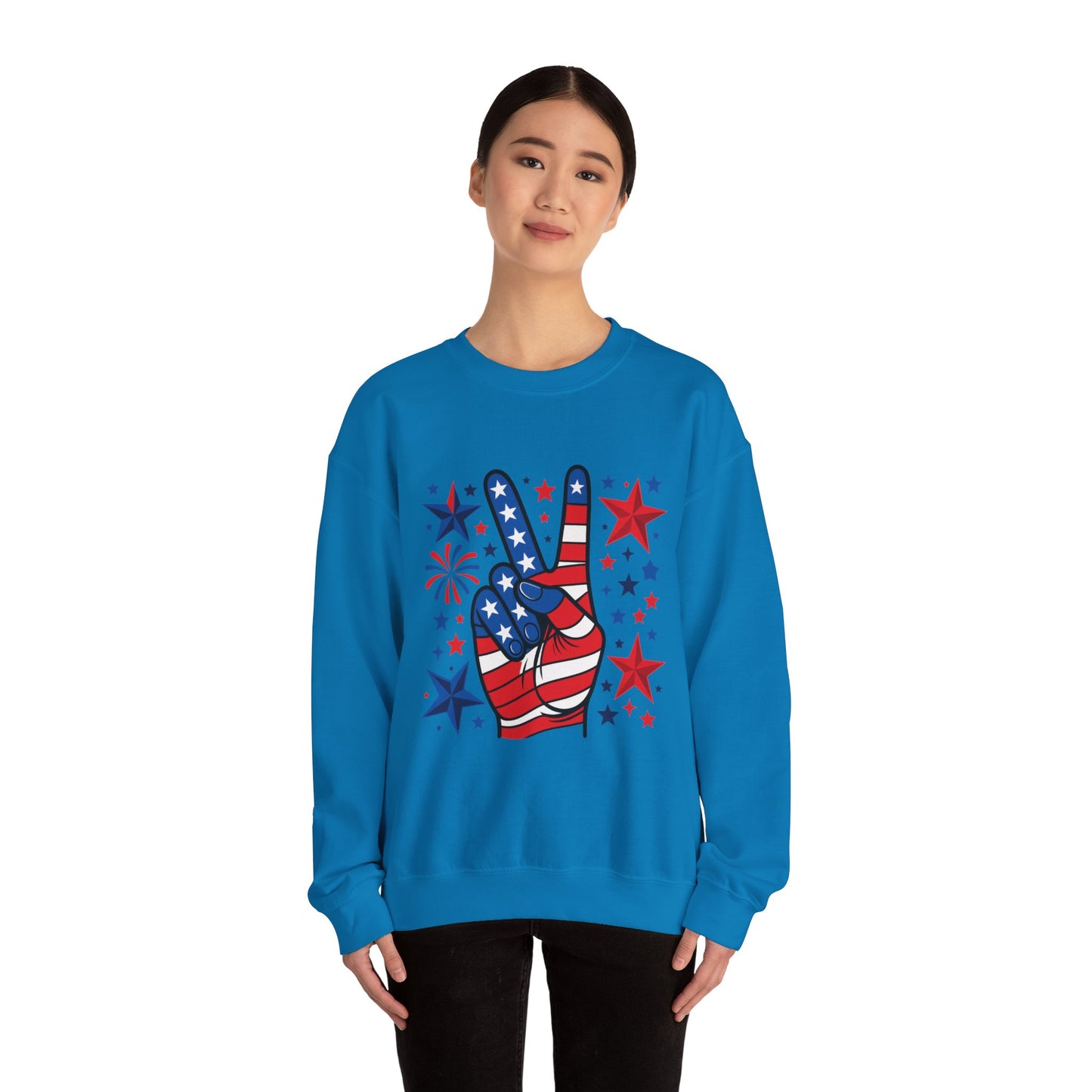Patriotic Peace Crewneck Sweatshirt - Unisex Heavy Blend, 4th of July Clothing, Peace Sign Design, Casual Wear, Gift for Him/Her