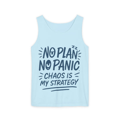 Funny Chaos Quote Mens Tank Top, No Plan No Panic Humor Shirt, Casual Graphic Tee Gift for Him, Relaxed Fit, Workout Gym Humor Shirt
