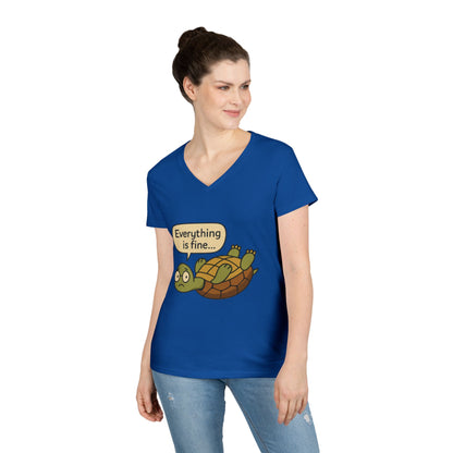 Cute & Comfy Turtle V-Neck T-Shirt - "Everything is fine..." design, Gift for Animal Lovers, Casual Wear, Fun Quotes, Positive message tee