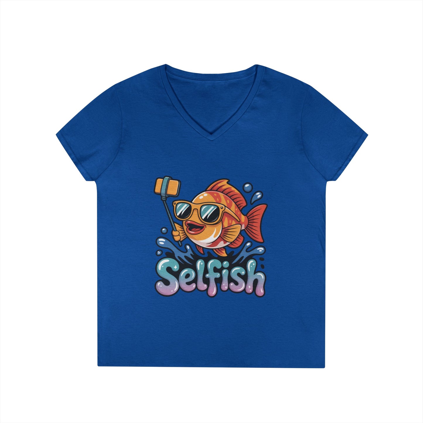 Ladies' V-Neck T-Shirt, Funny Selfie Fish Graphic Womens Tee, Playful Pun Gift for Her, Summer Vibes, Unique Beach Shirt, Outdoor Adventures