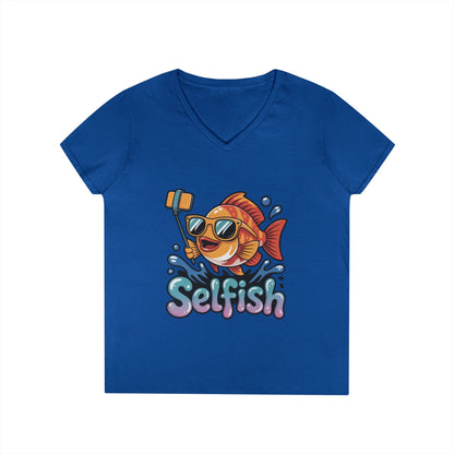 Ladies' V-Neck T-Shirt, Funny Selfie Fish Graphic Womens Tee, Playful Pun Gift for Her, Summer Vibes, Unique Beach Shirt, Outdoor Adventures