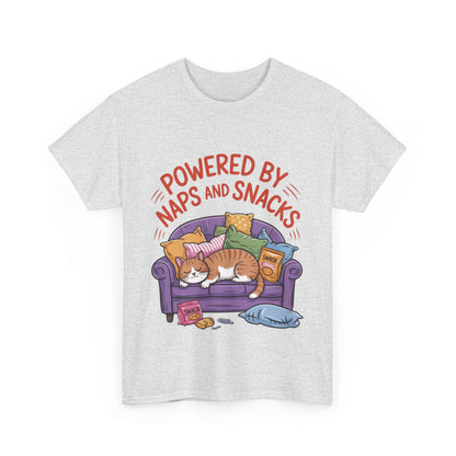 Powered by Naps and Snacks Cat T-Shirt, Funny Lazy Cat Lover Womens Tee, Cute Humor Shirt, Cozy Gift for Her, Cozy Cat Lover T-Shirt