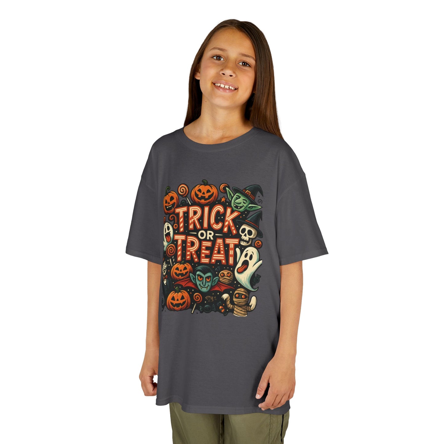 Kids Trick or Treat T-Shirt, Halloween Graphic Tee with Pumpkins, Ghosts & Vampires, Fun Spooky Shirt for Children