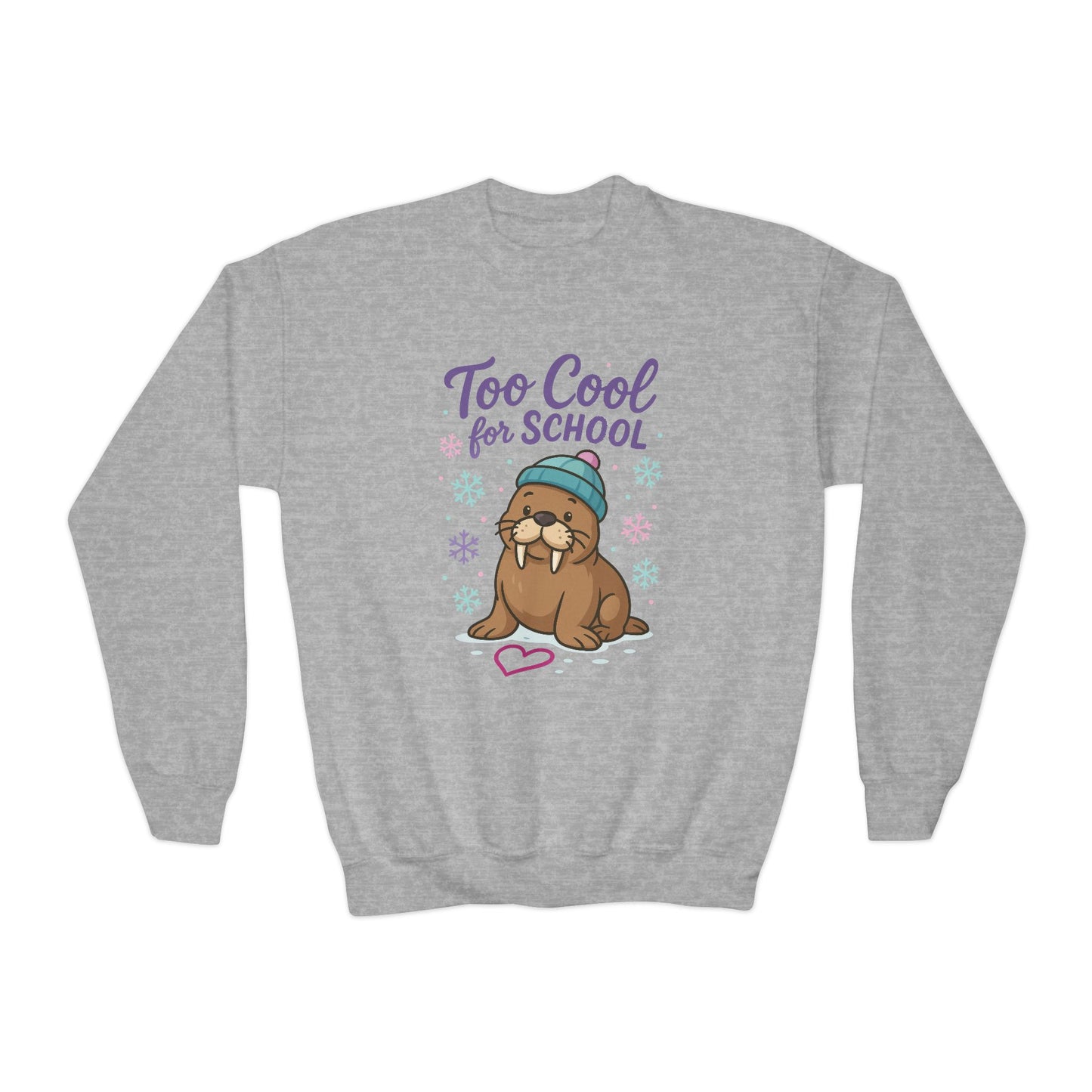 Youth Crewneck Sweatshirt, Kids Too Cool for School Walrus Sweatshirt, Funny Animal Pullover, Cute Winter Top
