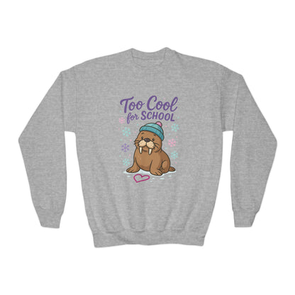 Youth Crewneck Sweatshirt, Kids Too Cool for School Walrus Sweatshirt, Funny Animal Pullover, Cute Winter Top