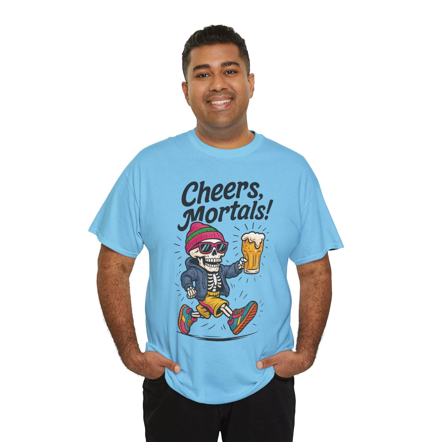 Cheers, Mortals! Mens Tee, Funny Skeleton Beer Graphic Tee, Cool Drinking Humor Shirt, Party Gift for Him, Halloween Tee,  Beer Lovers Gift